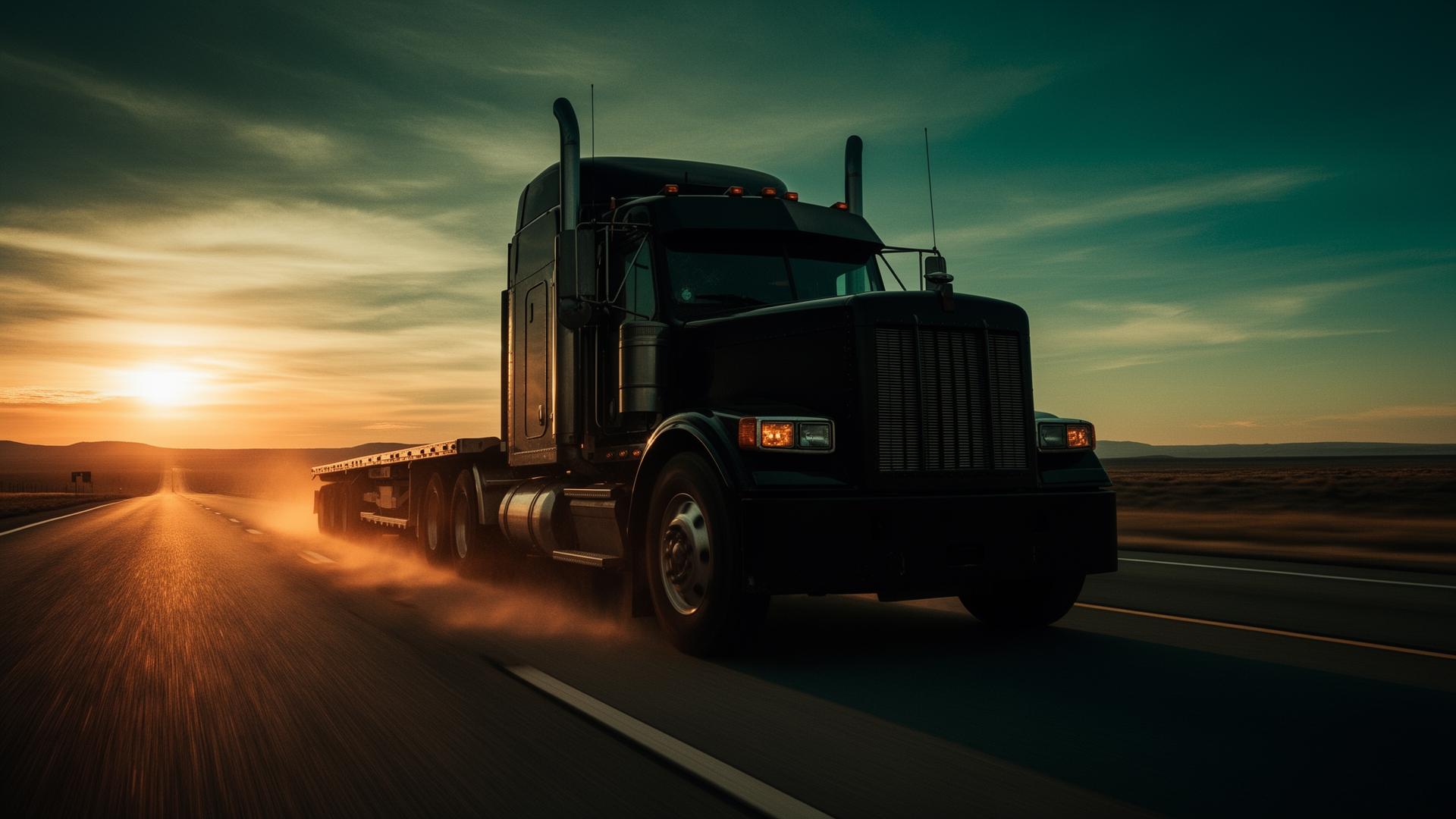 Black semi truck on highway at sunset